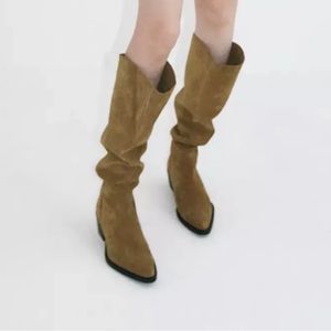 Zara Sand Brown Low Heel Split Leather High Shaft Boots Size 6.5